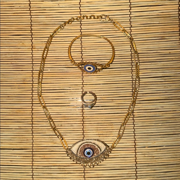Jewelry - Gold Evil Eye Necklace and Bracelet/Ring Set